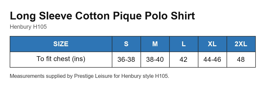 Long Sleeve Cotton Pique Polo Shirt size chart
