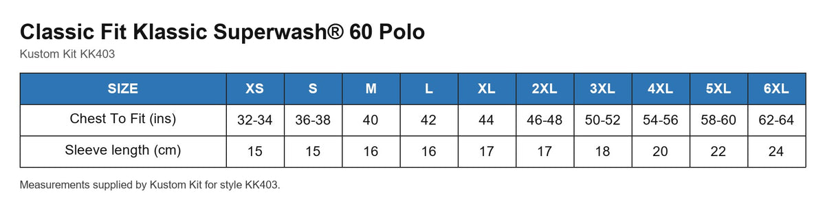 Classic Fit Klassic Superwash® 60 Polo size chart