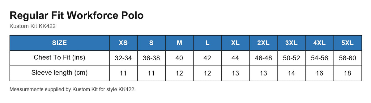 Regular Fit Workforce Polo size chart
