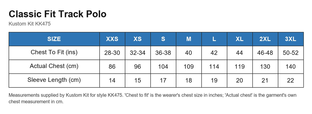 Classic Fit Track Polo size chart
