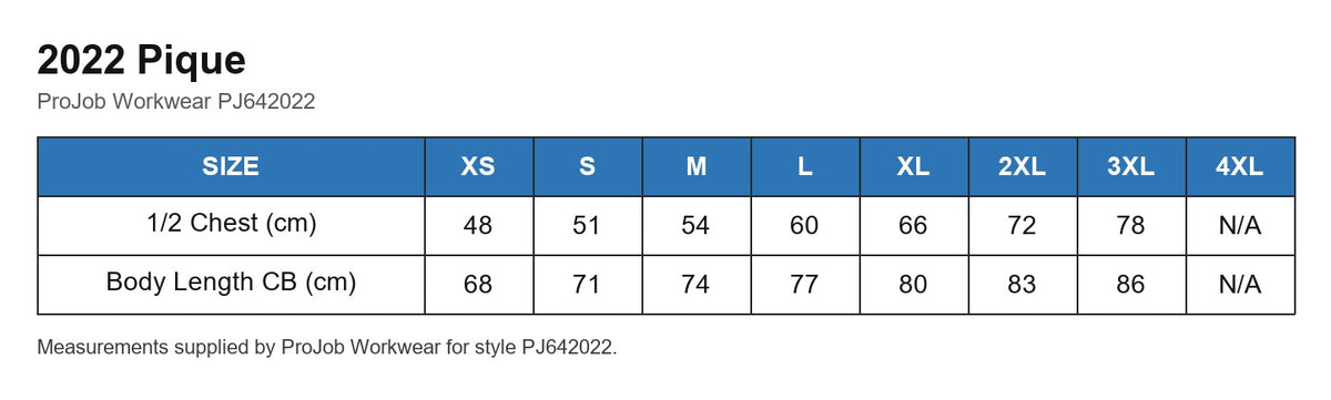 2022 Pique size chart