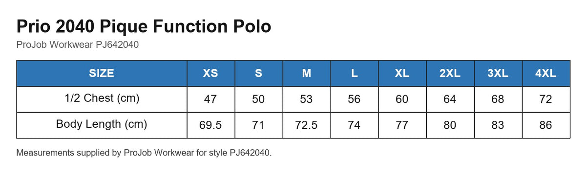 Prio 2040 Pique Function Polo size chart