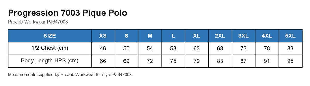 Progression 7003 Pique Polo size chart