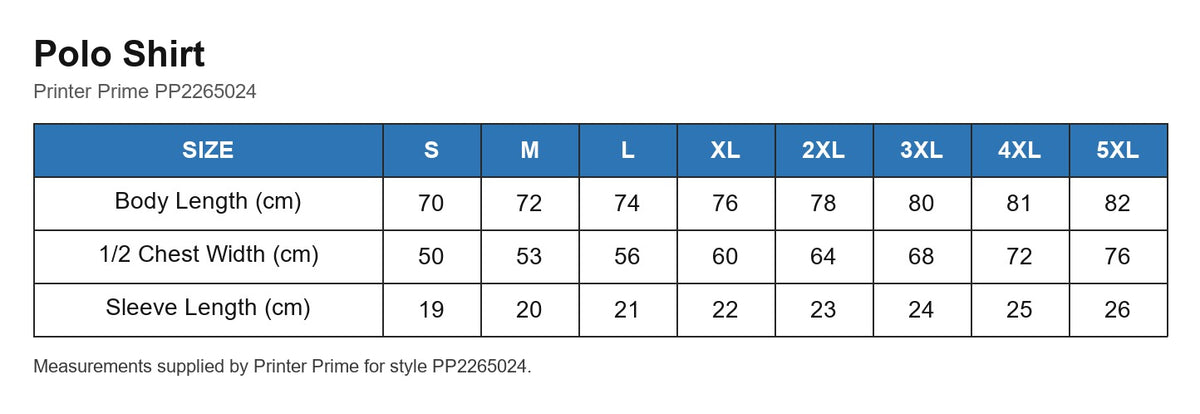 Polo Shirt size chart