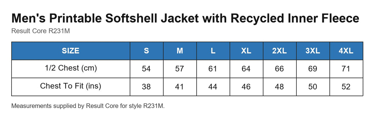 Men's Printable Softshell Jacket with Recycled Inner Fleece size chart