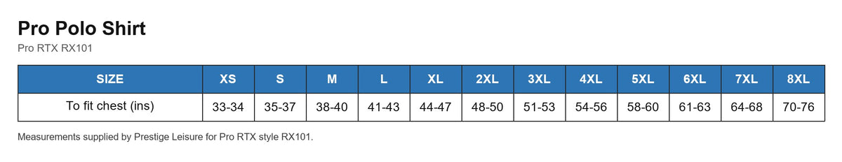 Pro Polo Shirt size chart