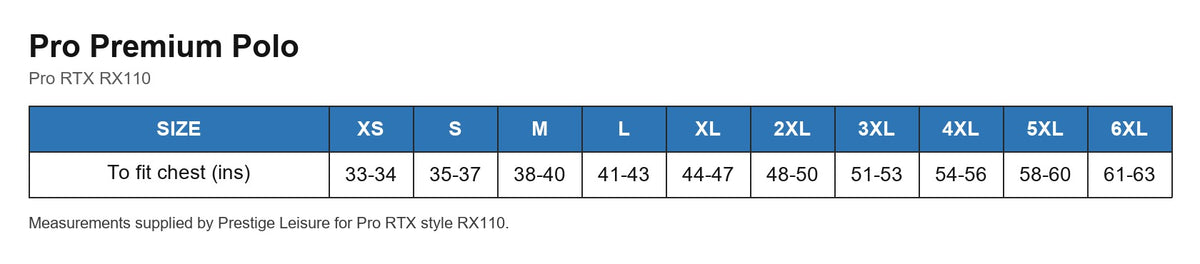 Pro Premium Polo size chart