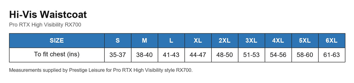 Hi-Vis Waistcoat size chart