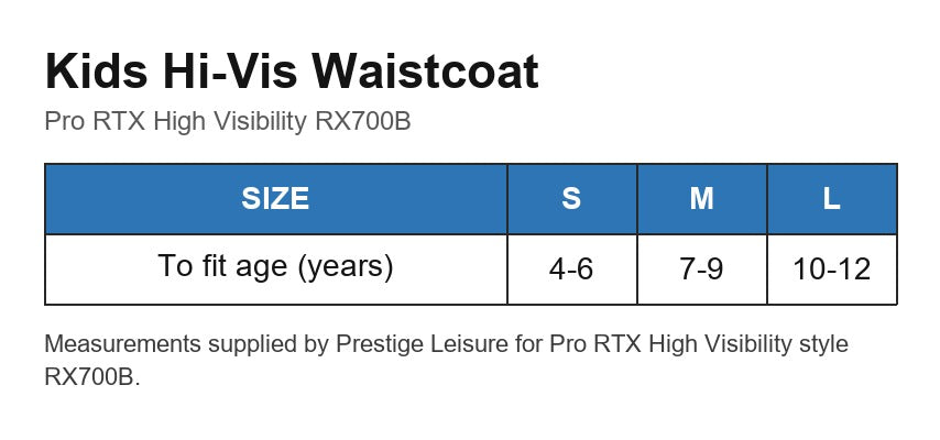 Kids Hi-Vis Waistcoat size chart