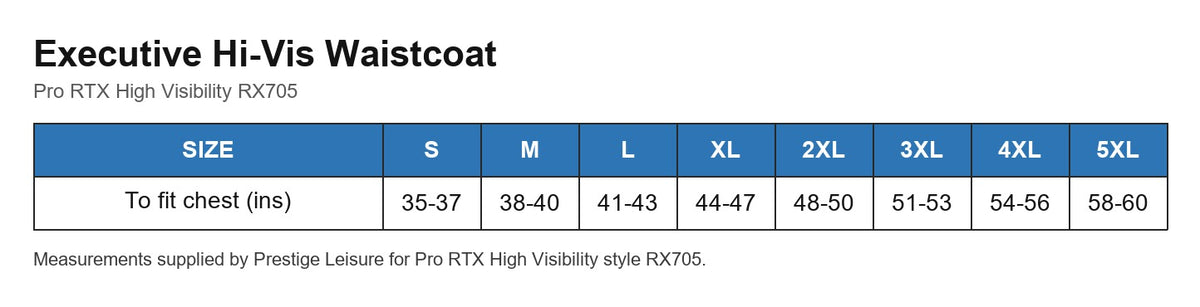 Executive Hi-Vis Waistcoat size chart
