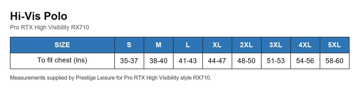 Hi-Vis Polo size chart