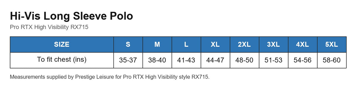 Hi-Vis Long Sleeve Polo size chart
