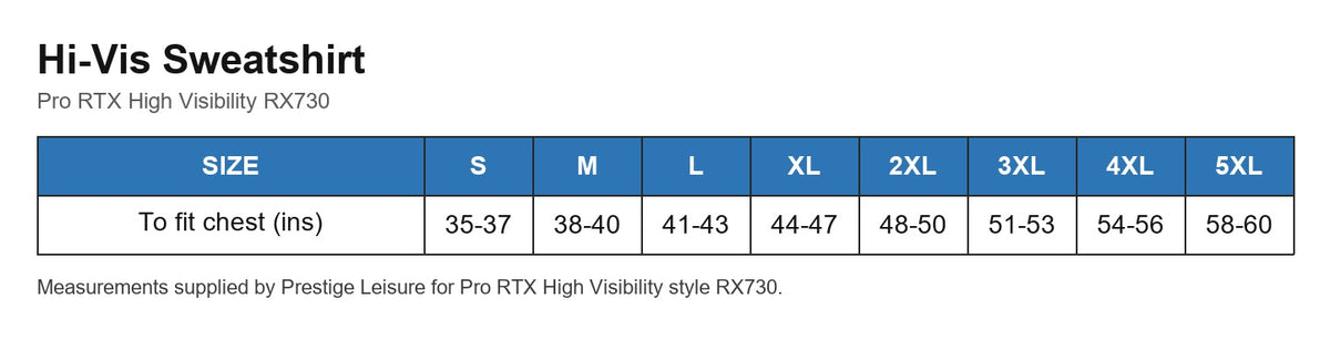 Hi-Vis Sweatshirt size chart