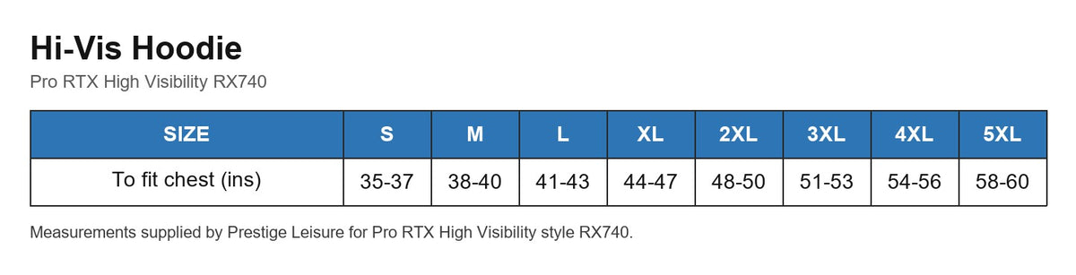 Hi-Vis Hoodie size chart
