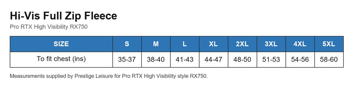 Hi-Vis Full Zip Fleece size chart