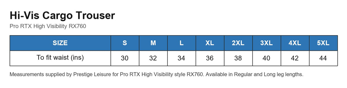 Hi-Vis Cargo Trouser size chart