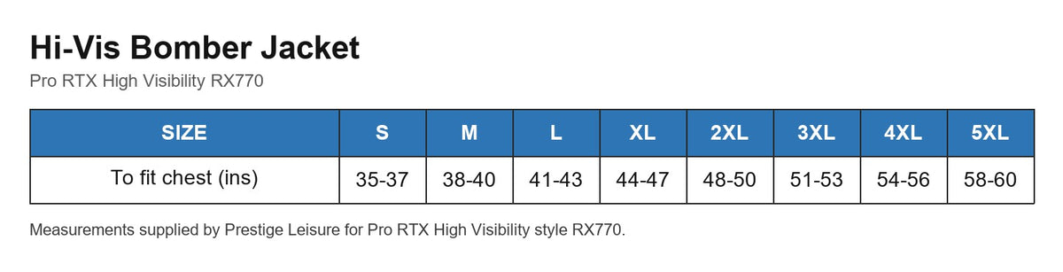 Hi-Vis Bomber Jacket size chart