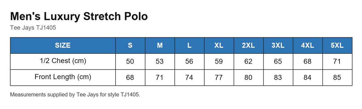 Men's Luxury Stretch Polo size chart