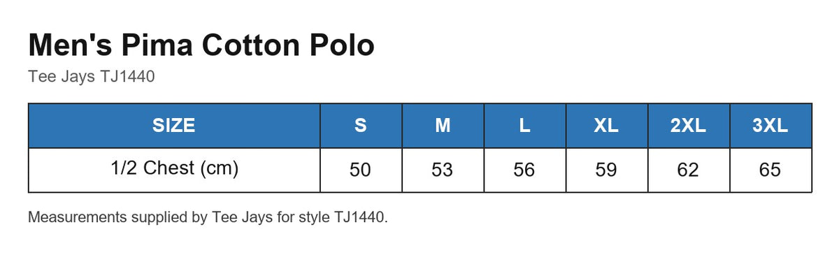 Men's Pima Cotton Polo size chart