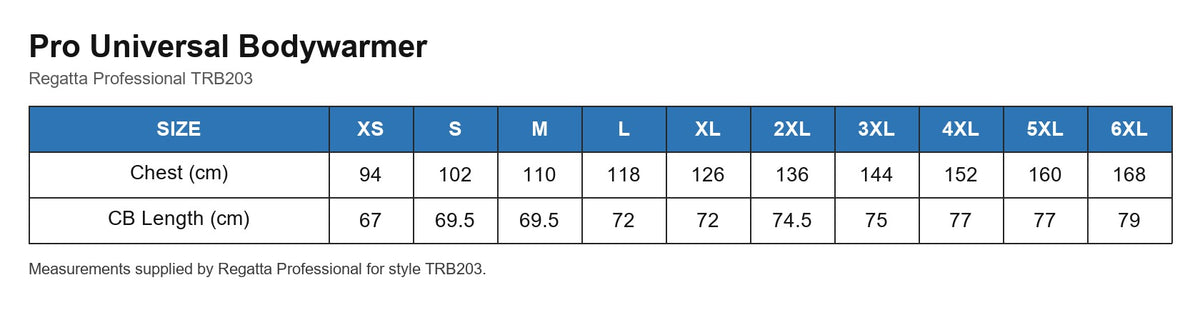 Pro Universal Bodywarmer size chart
