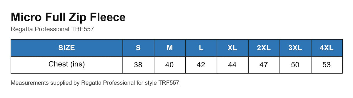 Micro Full Zip Fleece size chart