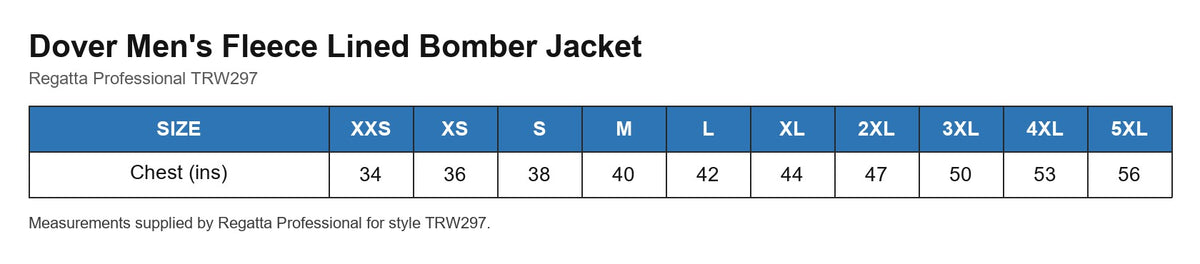 Dover Men's Fleece Lined Bomber Jacket size chart