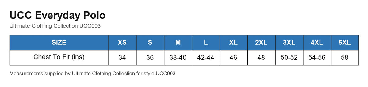 UCC Everyday Polo size chart