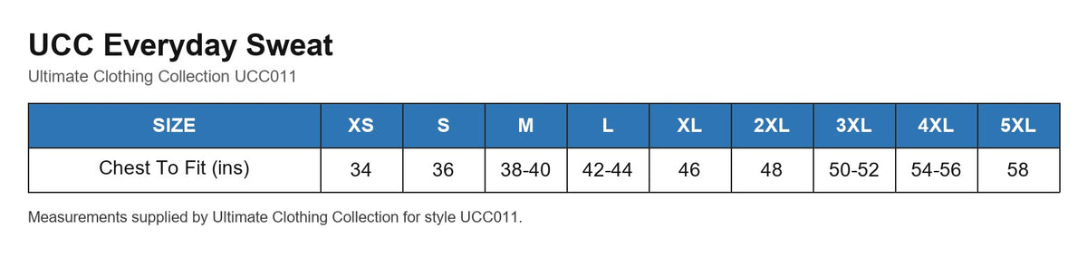 UCC Everyday Sweat size chart