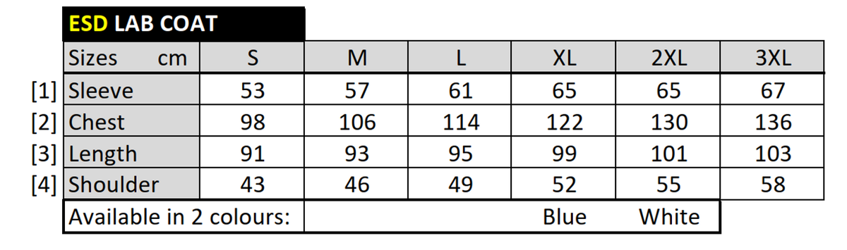 STANDARD ESD Lab Coats (Blue) size guide