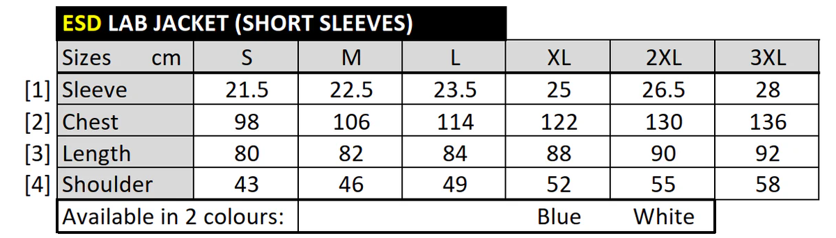 STANDARD ESD Lab Jackets - Short Sleeve size guide