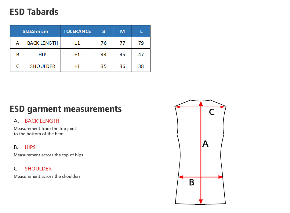 ESD Tabards (Royal Blue) - UNISEX size guide