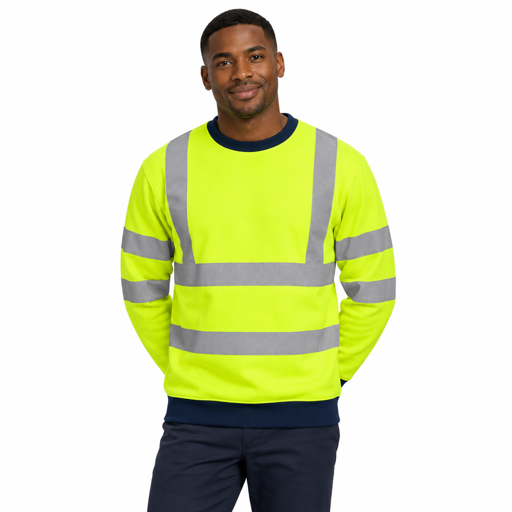 Black male model wearing the Yellow/Navy Hi-Vis Sweatshirt