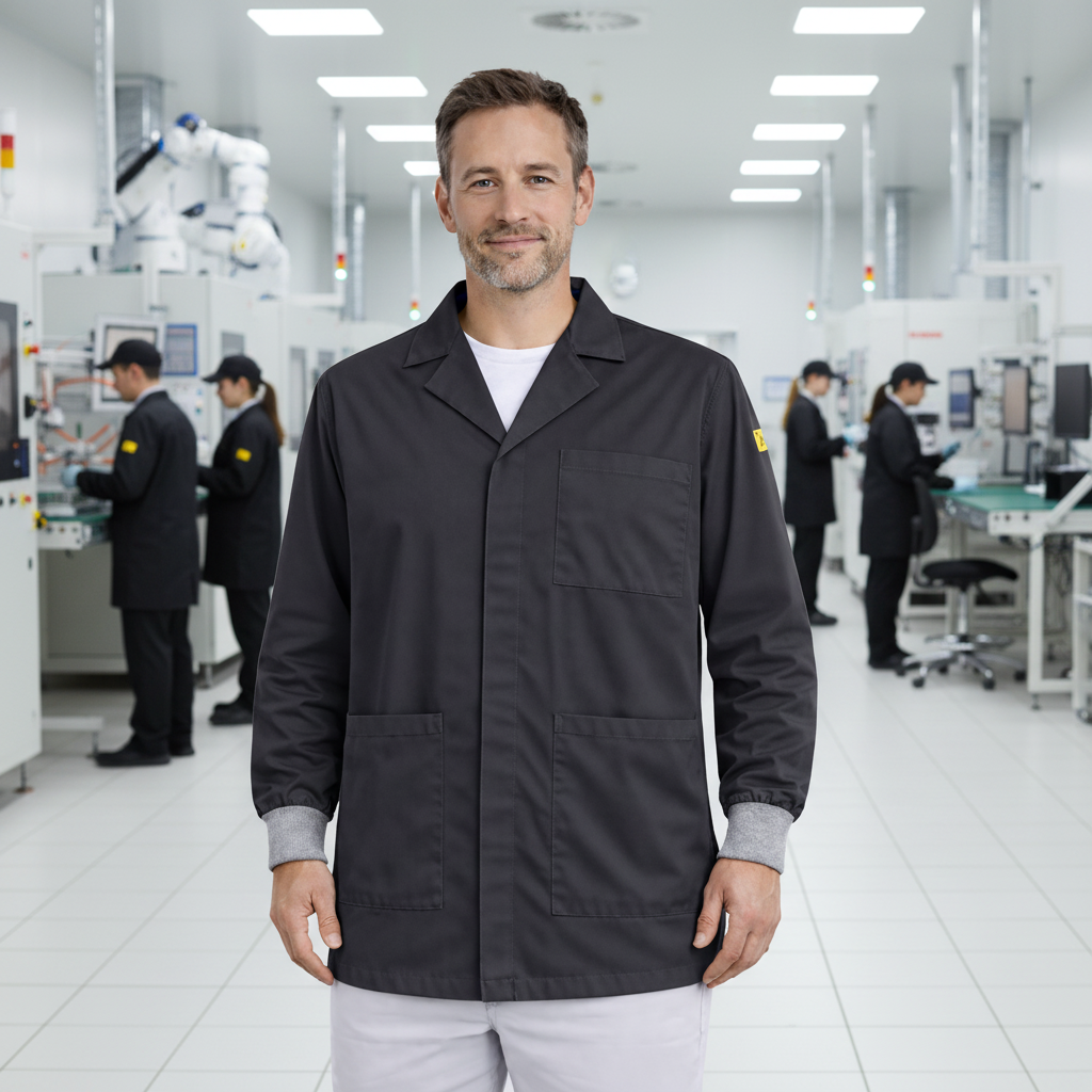 Black Premium ESD Lab Jacket Factory Scene 1