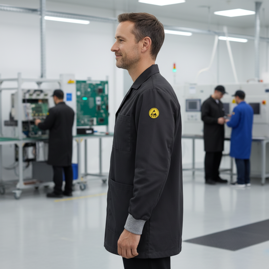 Black Premium ESD Lab Jacket Factory Scene 2 With Logo