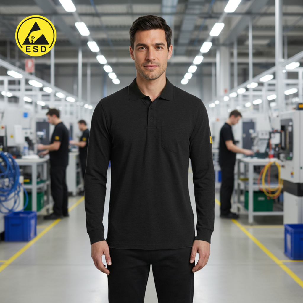 Black Premium Heavy Duty ESD Polo Shirt Long Sleeve frontal view