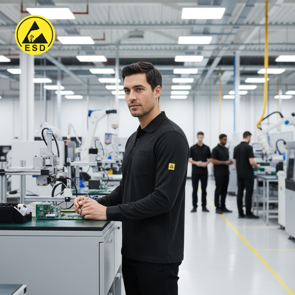 Black Premium Heavy Duty ESD Polo Shirt Long Sleeve integrated scene