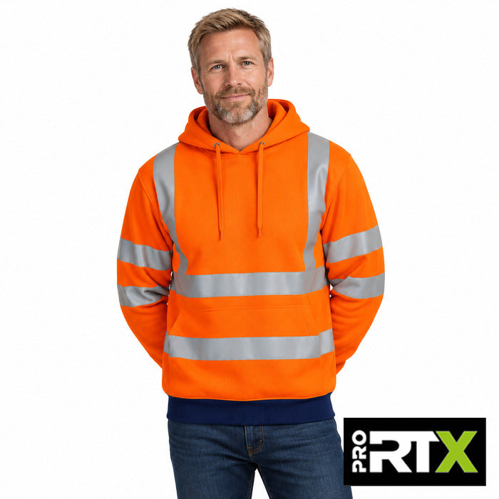 Hi-Vis Hoodie - model wearing the hi-vis orange and navy Pro RTX hoodie