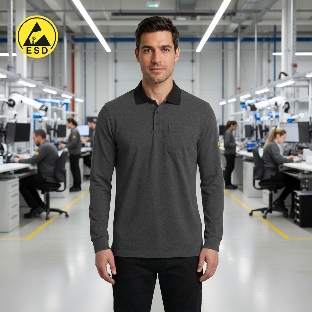Dark Grey Premium Heavy Duty ESD Polo Shirt Long Sleeve frontal view