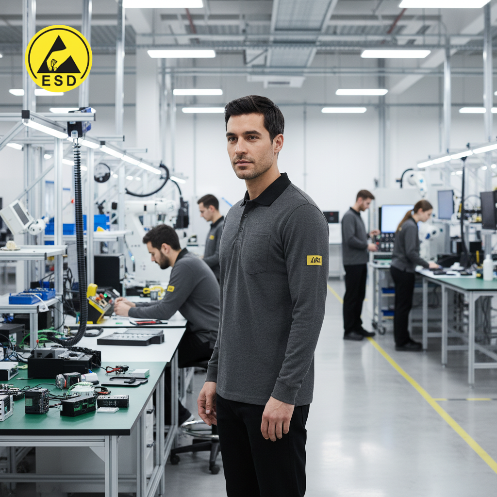 Dark Grey Premium Heavy Duty ESD Polo Shirt Long Sleeve integrated scene