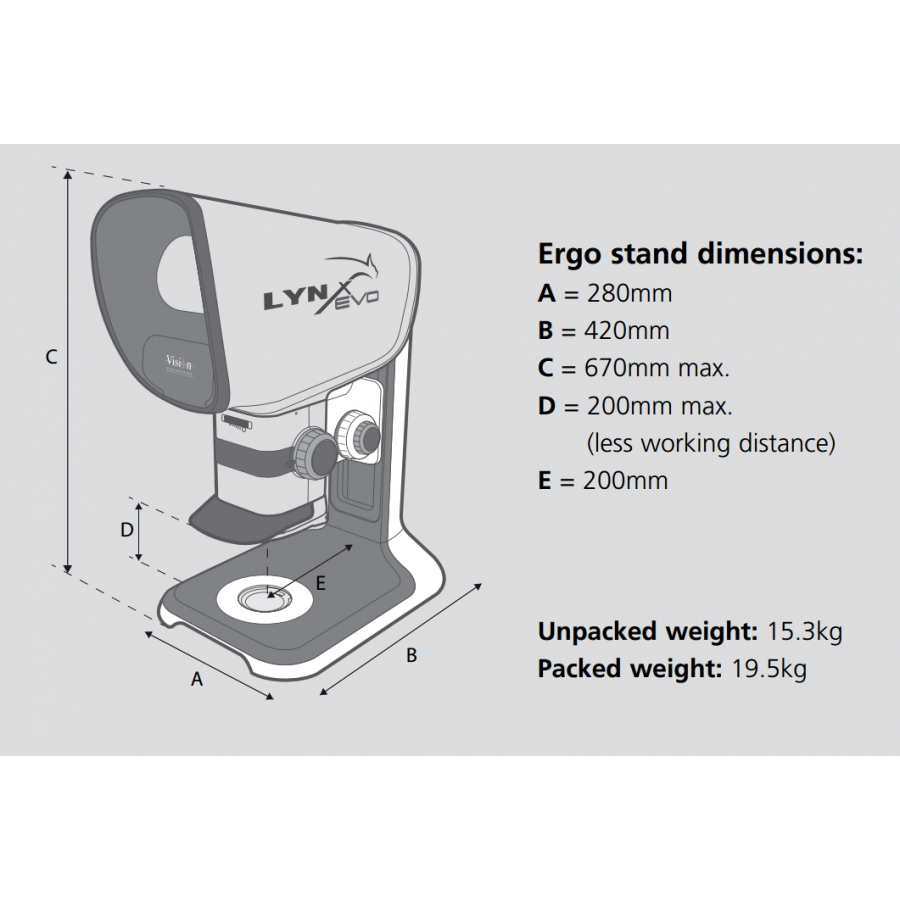 Vision Lynx EVO - Low-profile ErgoStand + 360° viewer EVO503 - Measurements