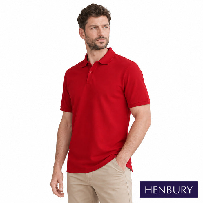 Microfine Pique Polo Shirt - model wearing the classic red Henbury microfine pique polo
