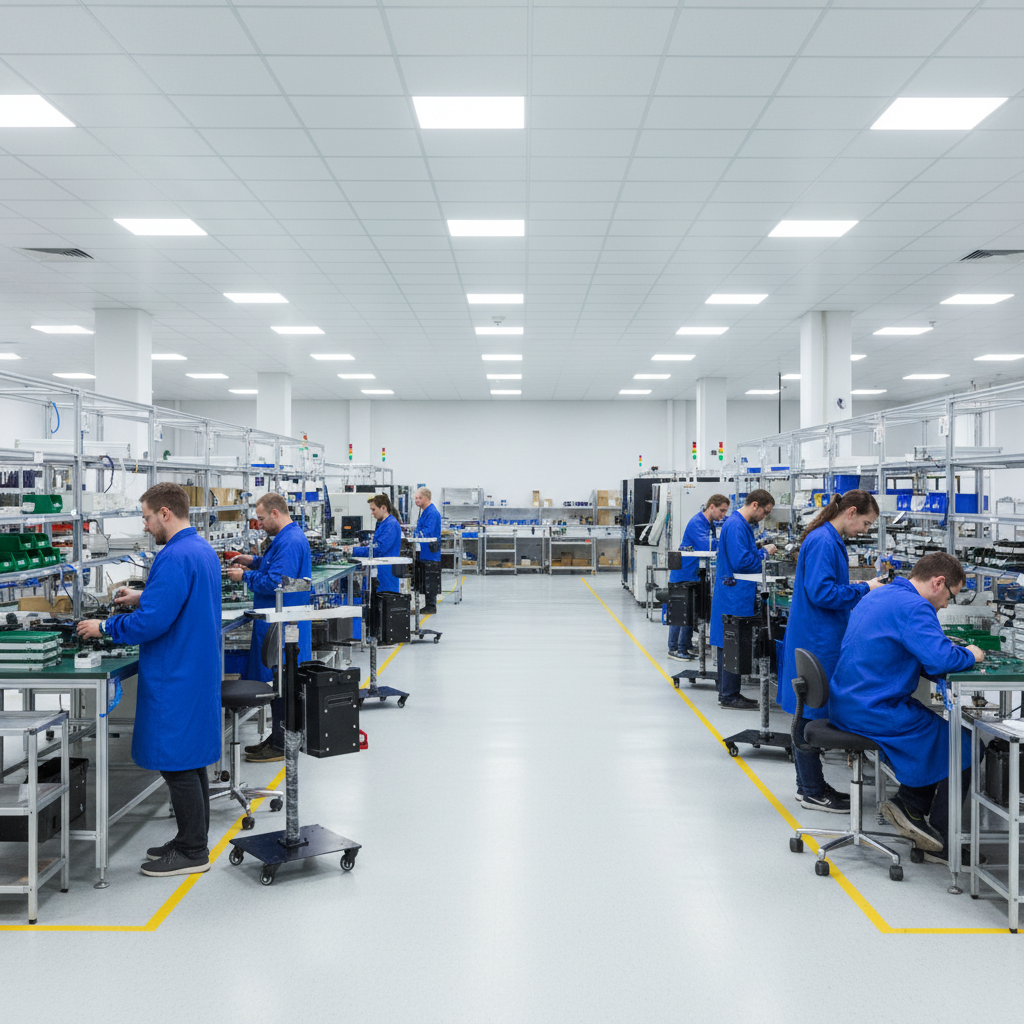 Factory scene with Western European workers using ESD SMT Trolley/Splice Carts