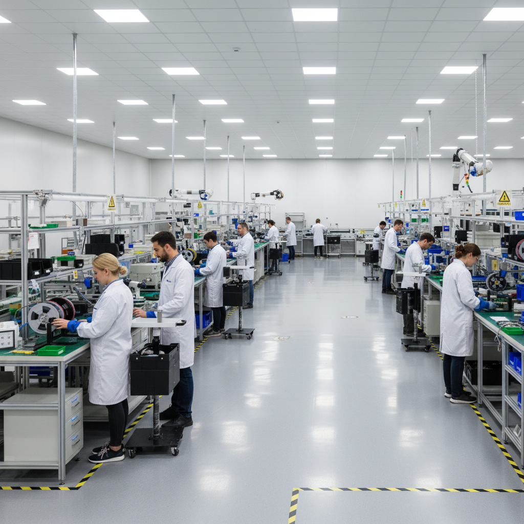 Factory scene with workers in white ESD lab coats using ESD SMT Trolley/Splice Carts