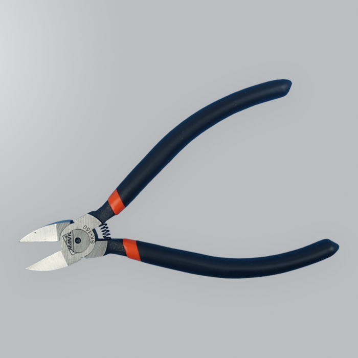 Pair of wire cutters with black handles on a gray background