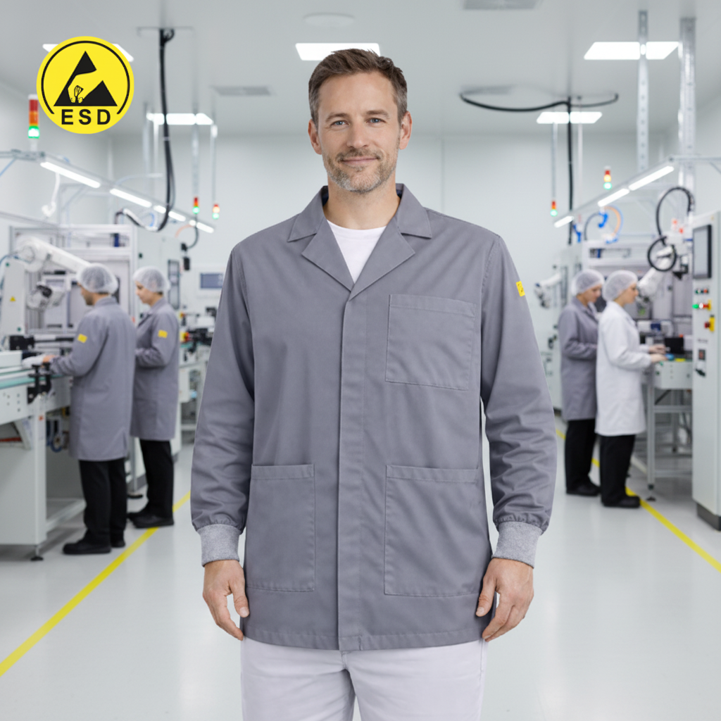 Grey Premium ESD Lab Jacket Factory Scene 1