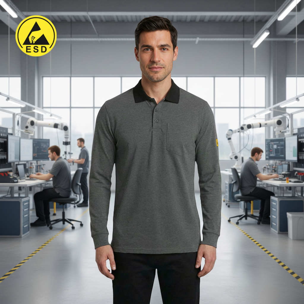 Grey Premium Heavy Duty ESD Polo Shirt Long Sleeve frontal view