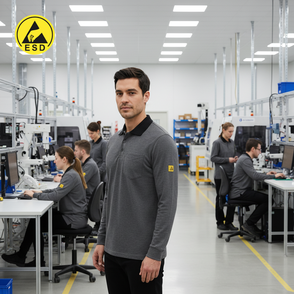 Grey Premium Heavy Duty ESD Polo Shirt Long Sleeve integrated scene