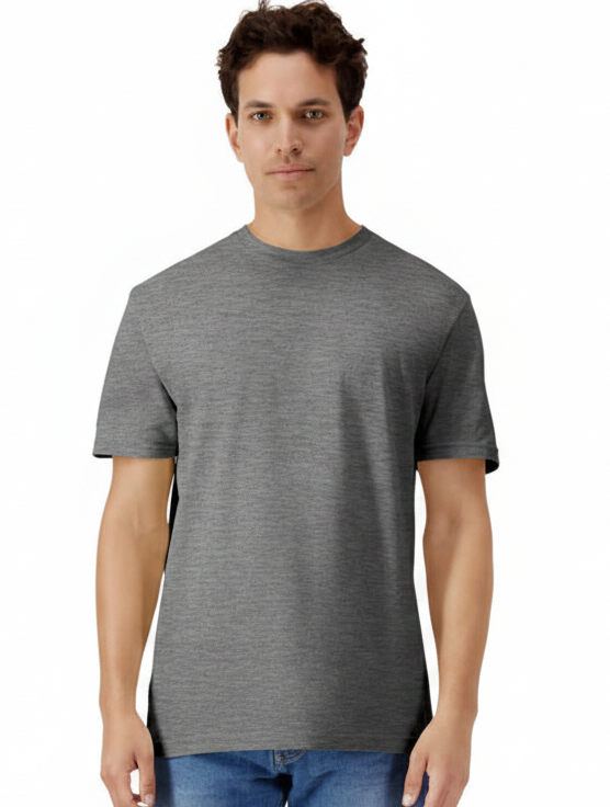 Model wearing the Light Cotton Adult T-Shirt in Graphite Heather, palette matched