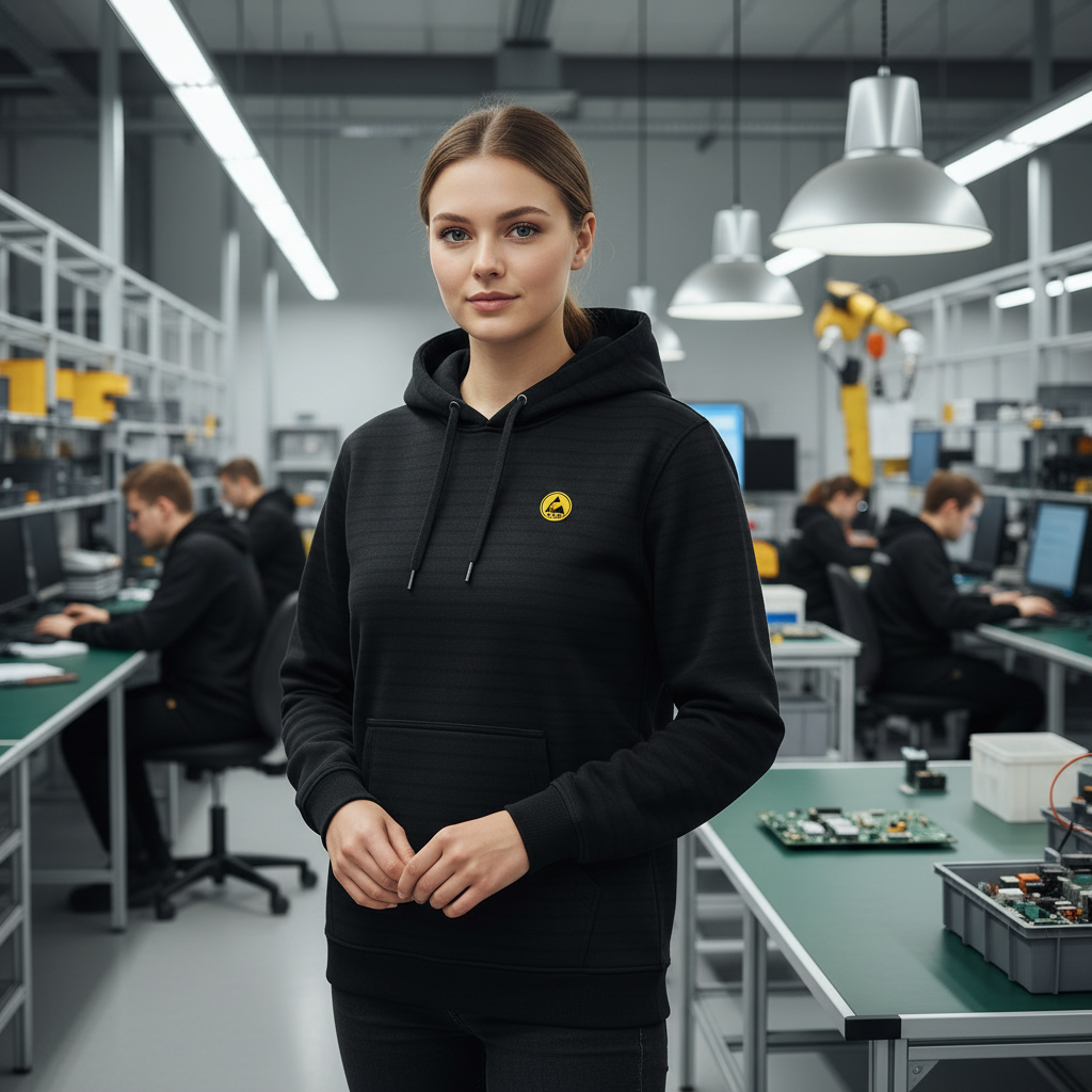 Woman wearing black ESD fleece lined hoodie in electronics factory with background workers in same garment
