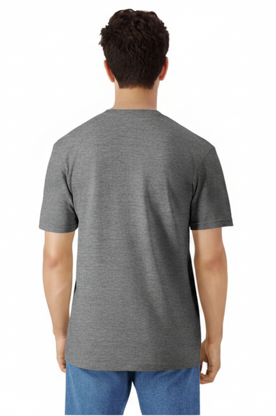 Model wearing the Light Cotton Adult T-Shirt in Graphite Heather, palette matched